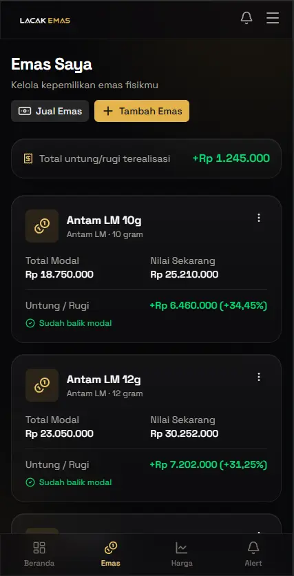Tampilan Emas Saya di aplikasi Lacak Emas