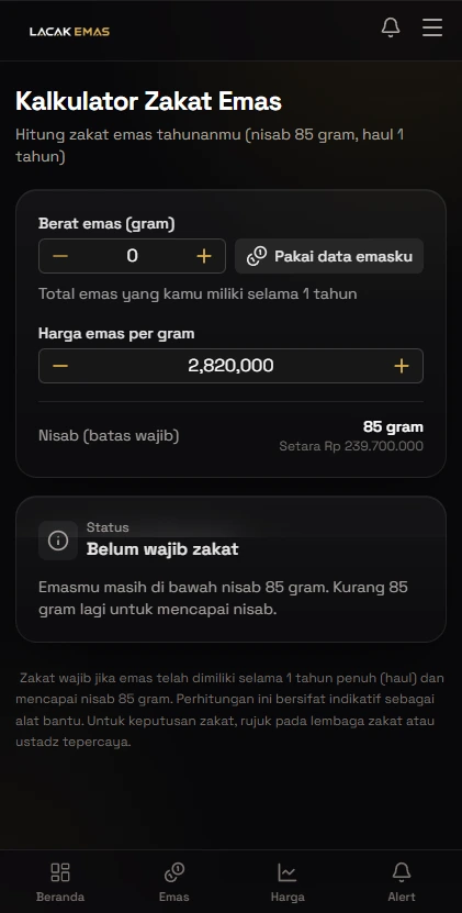 Tampilan Kalkulator Zakat Emas di aplikasi Lacak Emas