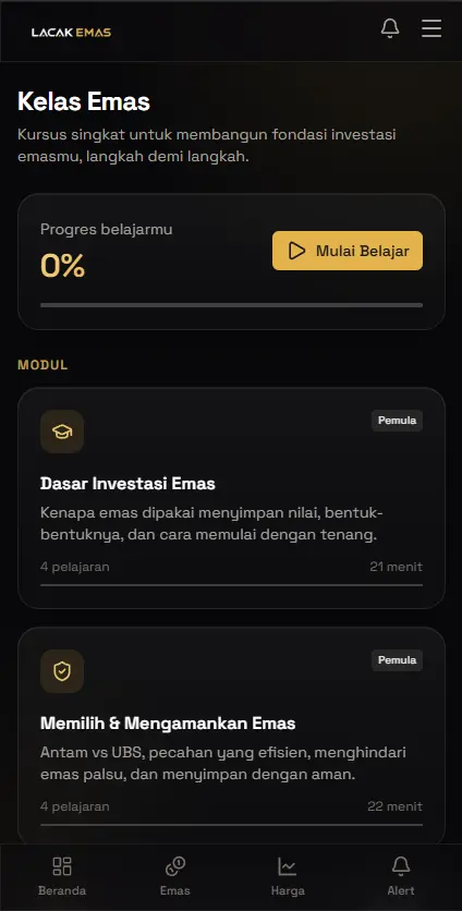 Tampilan Kelas Emas di aplikasi Lacak Emas